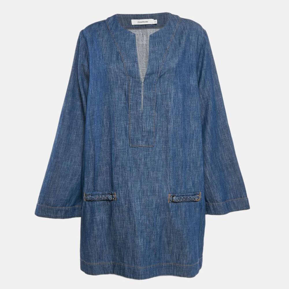 Zimmermann Blue Denim Wylie Braid Detail Mini Dress Xl
